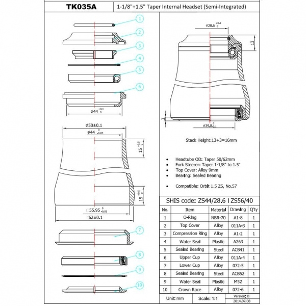 Stery Token MTX TK035A-55 półzintegrowane (44/55mm) 1-1/8-1.5 Tapered